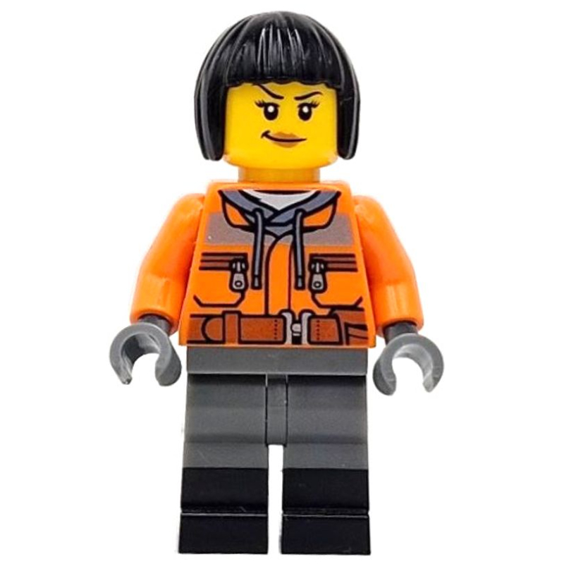 LEGO Train Worker, Orange Torso, Dark Bluish Grey Legs, Black Boots, Black Hair (fig-015281)