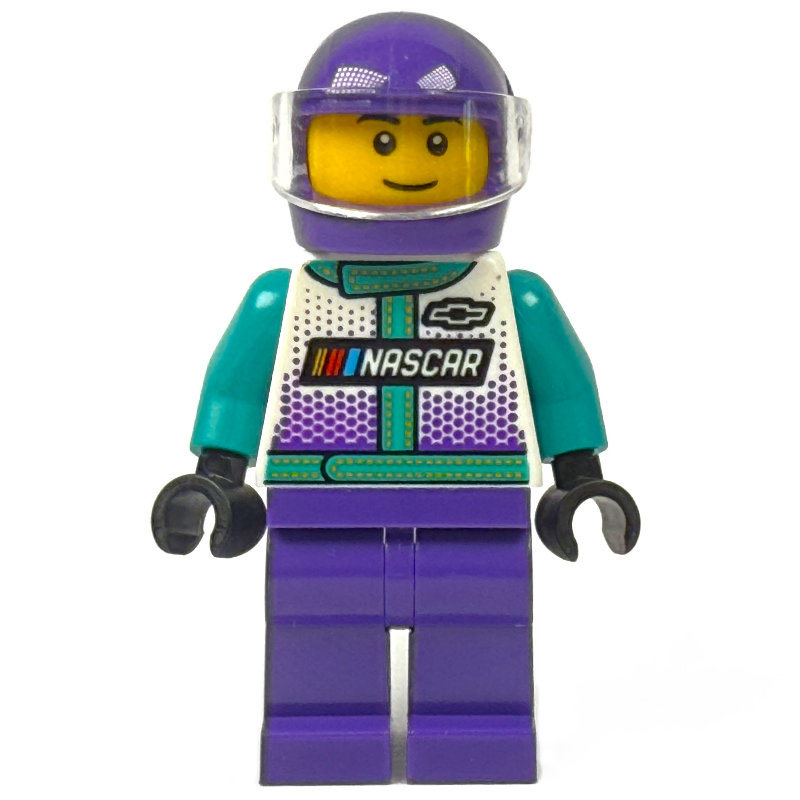 LEGO Race Driver, Dark Turquoise, White, and Dark Purple Race Suit, Dark Purple Helmet (fig-015347)