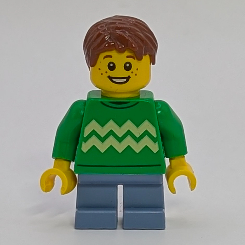 LEGO Boy, Bright Green Sweater, Short Sand Blue Legs (fig-015352)