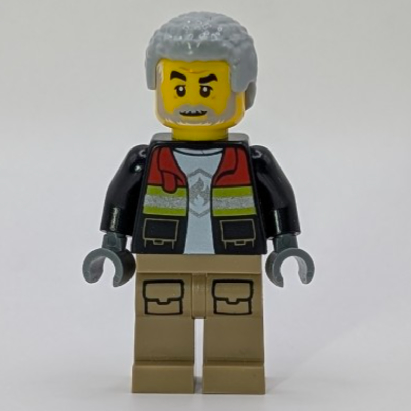 LEGO Firefighter, Open Jacket, Dark Tan Legs, Light Bluish Gray Hair (fig-015353)