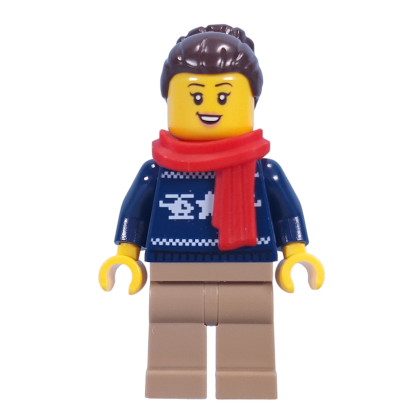 LEGO Dark Blue Sweater, Dark Tan Legs, Dark Brown Hair, Red Scarf (fig-015470)