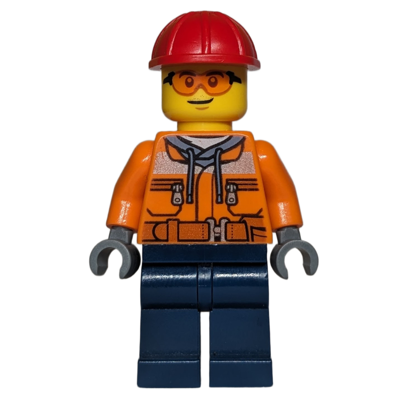 LEGO Construction Worker, Orange Safety Jacket, Dark Blue Legs, Red Hard Hat (fig-015580)