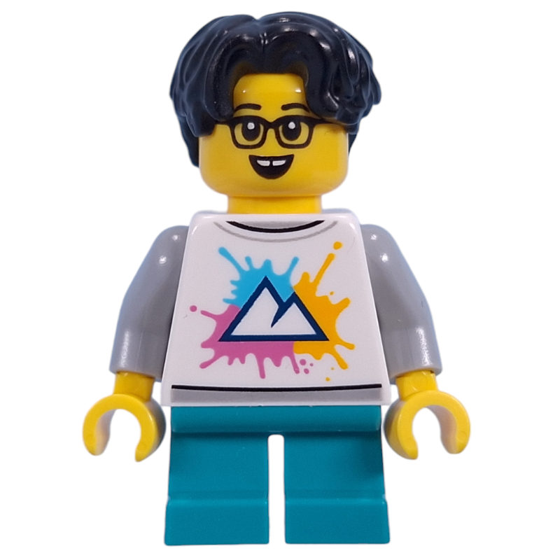LEGO Kid - White Torso with Mountains, Dark Turquoise Legs, Black Hair (fig-015613)