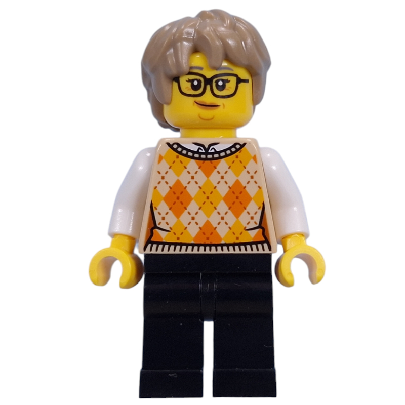 LEGO Visitor, Tan Torso, Black Legs, Dark Tan Hair (fig-015616)