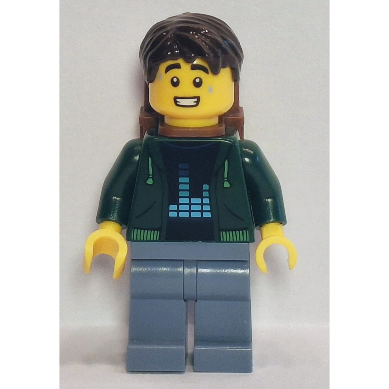 LEGO Passenger, Dark Green Torso, Sand Blue Legs, Dark Brown Hair, Backpack (fig-015633)