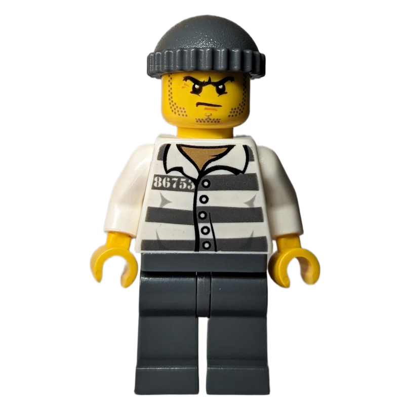 LEGO Criminal, Prison Shirt with #86753, Dark Bluish Gray Legs, Dark Bluish Gray Hat (fig-015676)