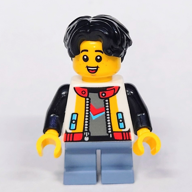 LEGO Kid, White Torso, Sand Blue Legs, Black Hair (fig-015694)