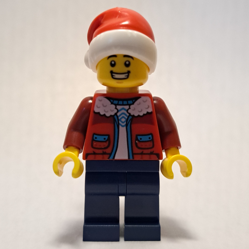 LEGO Man, Red Jacket, Dark Blue Legs, Santa Hat (fig-015698)