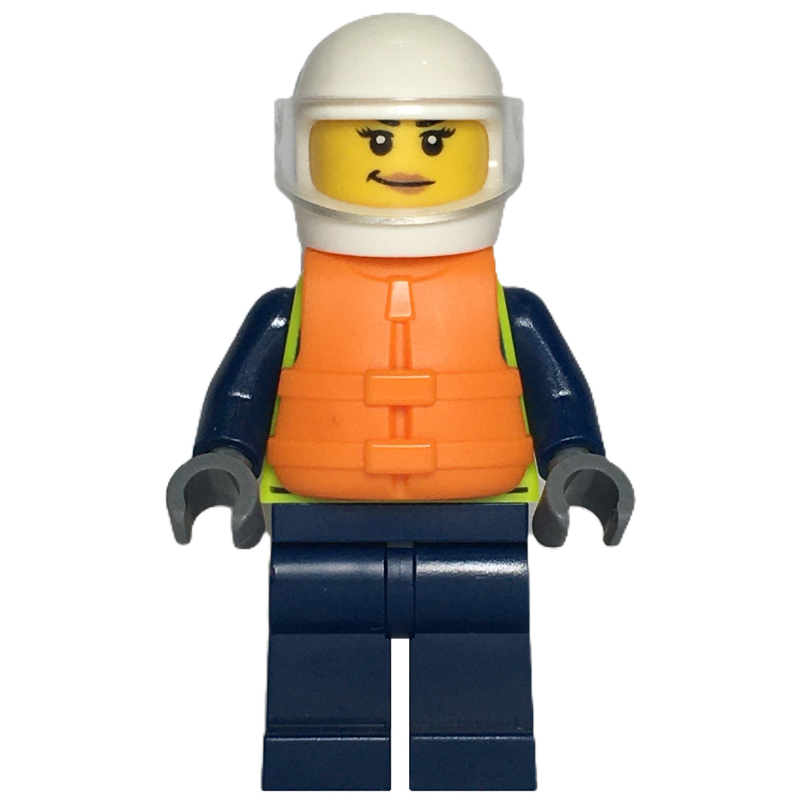 LEGO Police Officer, Vibrant Yellow Safety Vest, Dark BLue Legs, Orange Life Vest, White Helmet (fig-015730)