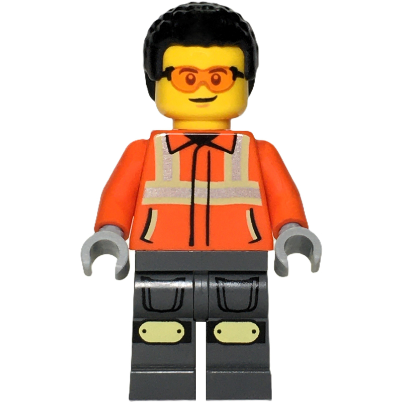 LEGO Construction Worker, Reddish Orange Jacket, Black Hair (fig-015733)