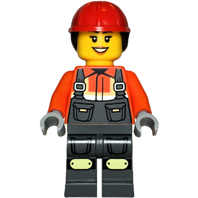 LEGO Construction Worker, Reddish Orange Jacket, Overall, Red Hard Hat with Hair (fig-015734)