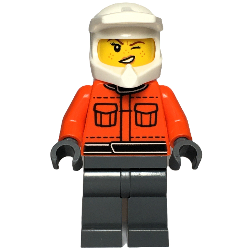 LEGO Pit Crew, Reddish Orange Torso, Dark Bluish Grey Legs, Female, Wink (fig-015935)
