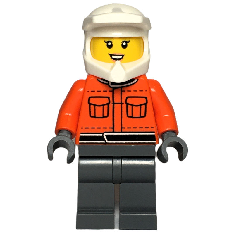 LEGO Pit Crew, Reddish Orange Torso, Dark Bluish Grey Legs, Female, Smile (fig-015936)