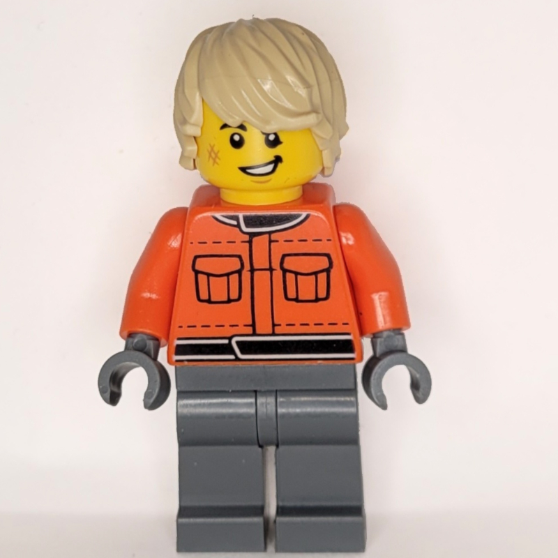 LEGO Pit Crew, Reddish Orange Torso, Dark Bluish Grey Legs, Tan Hair (fig-015946)
