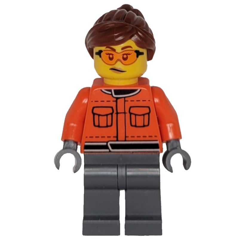 LEGO Pit Crew, Reddish Orange Torso, Dark Bluish Grey Legs, Female, Reddish Brown Hair (fig-015947)