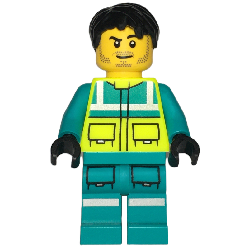 LEGO Paramedic, Vibrant Yellow Safety Vest, Dark Turquoise Legs, Black Hair (fig-015979)