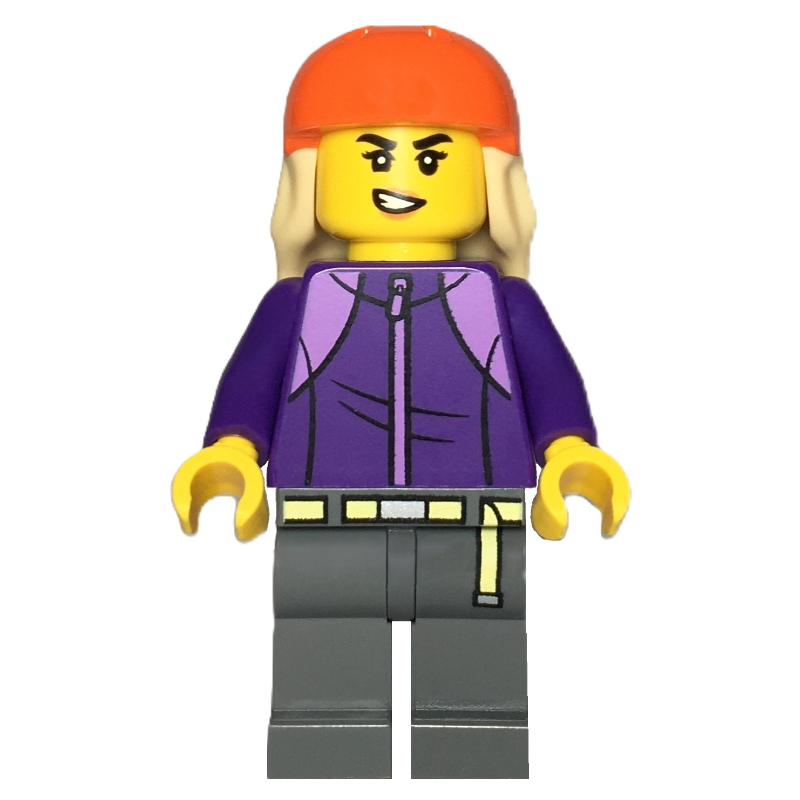 LEGO Skateboarder, Dark Purple Torso, Dark Bluish Grey Legs, Reddish Orange Helmet (fig-015980)