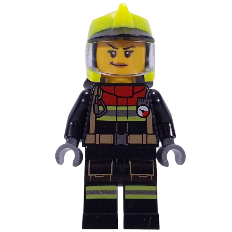 LEGO Firefighter, Black Fire Suit, Vibrant Yellow Helmet, Visor (fig-015988)