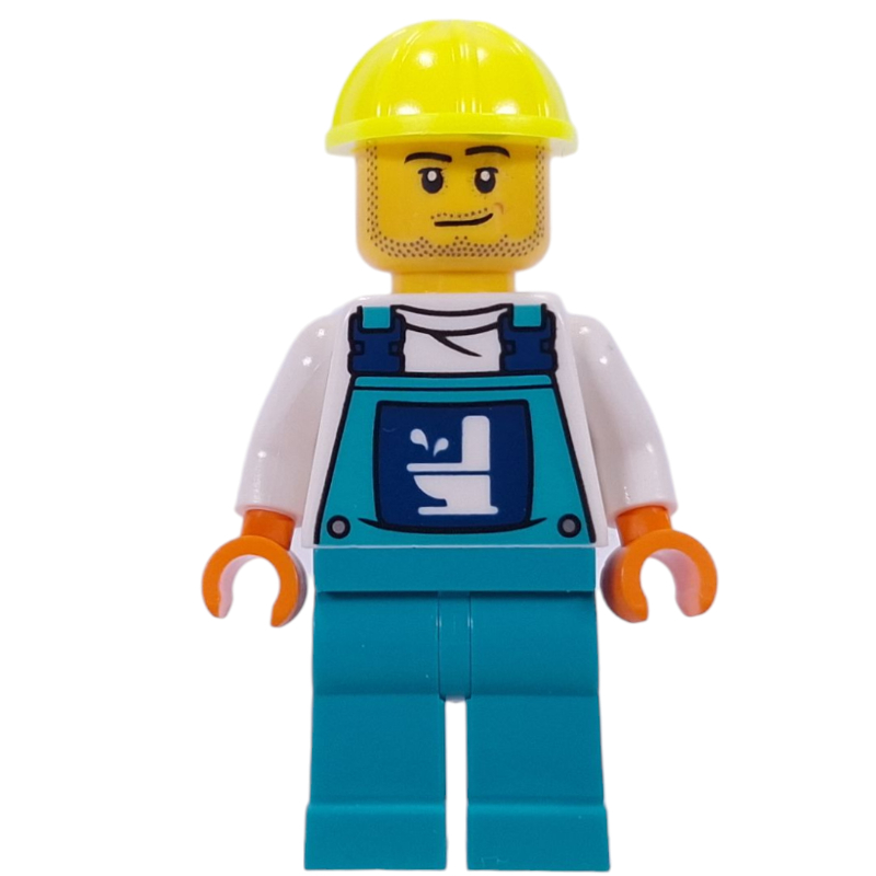 LEGO Plumber, White Shirt, Dark Turquoise Overall, Vibrant Yellow Hat (fig-015992)