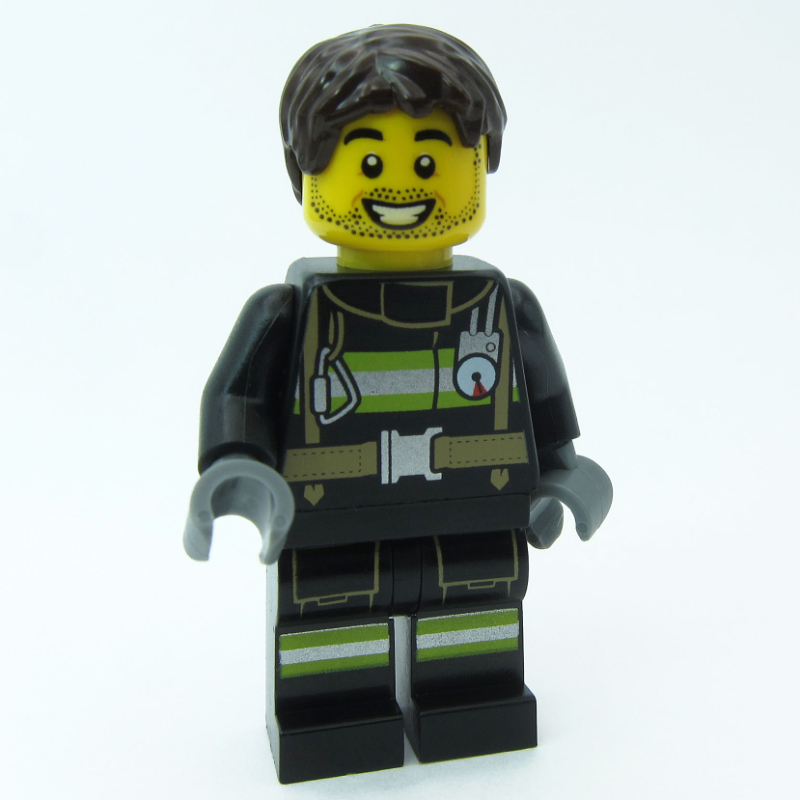 LEGO Firefighter, Black Fire Suit, Dark Brown Hair (fig-015999)