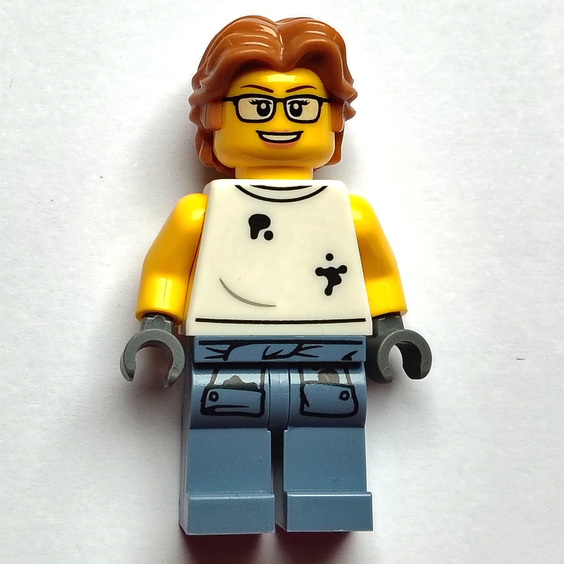 LEGO Scrapyard Worker, White Shirt, Sand Blue Legs, Medium Nougat Hair (fig-016000)