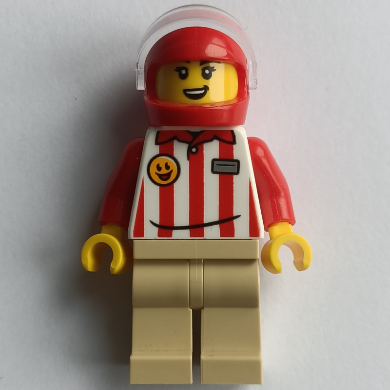 LEGO Hotdog Vender, Red/White Stripes Shirt, Tan Legs, Red Helmet (fig-016038)