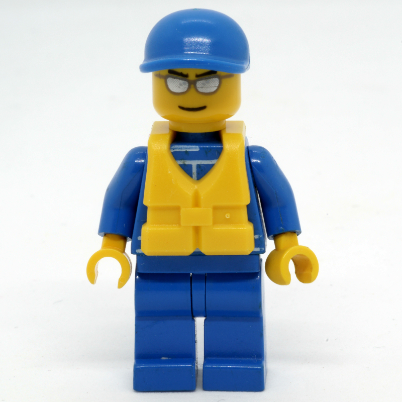 LEGO Racer, Blue Jumpsuit with Octan Logo, Blue Cap, Yellow Life Vest 97895, Silver Sunglasses (fig-016117)