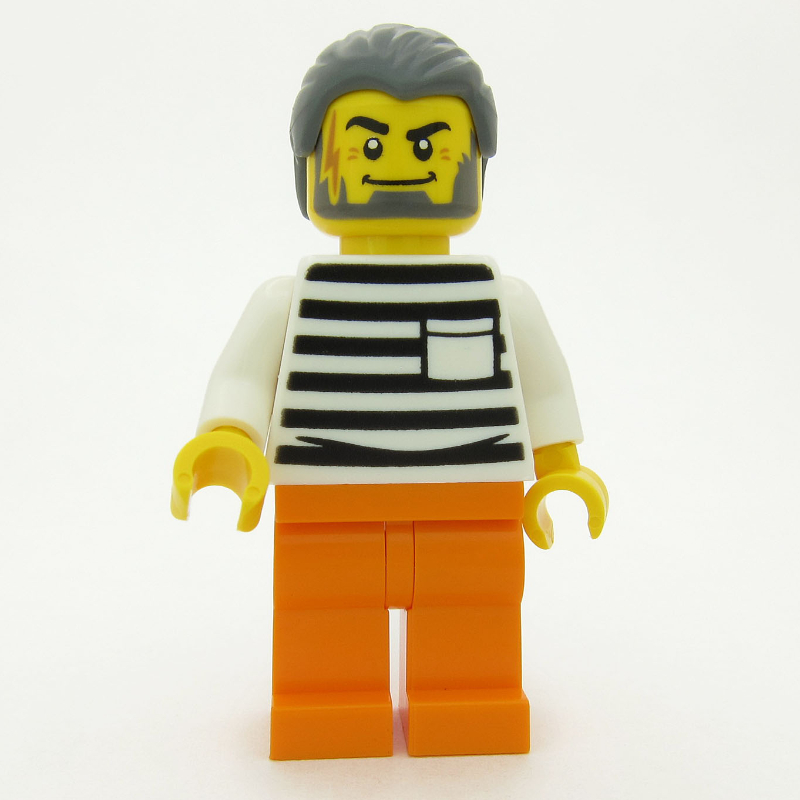 LEGO Criminal, Black and White Striped Shirt, Orange Legs, Dark Bluish Gray Hair (fig-016119)