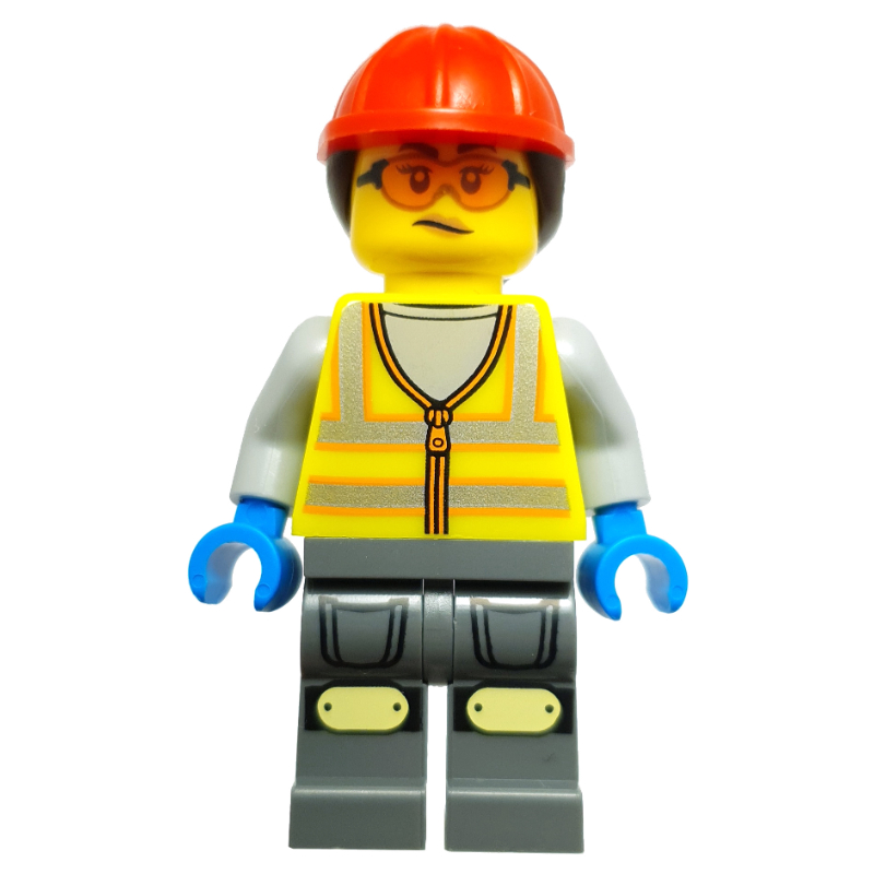 LEGO Workshop Mechanic, Vibrant Yellow Safety Vest, Dark Bluish Grey Legs, Red Cap, Orange Safety Glasses (fig-016127)