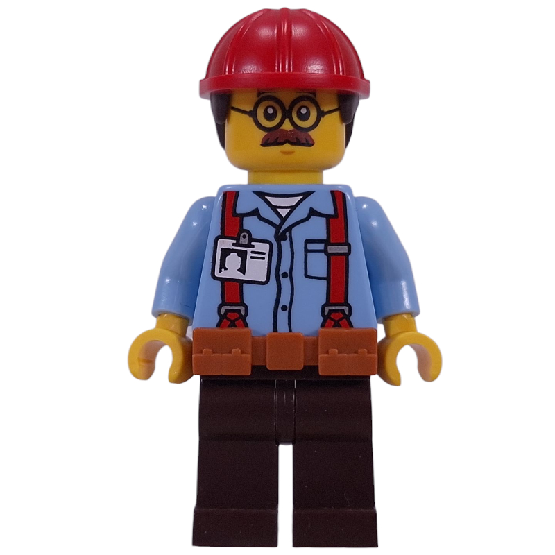 LEGO Construction Worker, Ted Brickle, Bright Light Blue Shirt, Reddish Brown Legs, Dark Orange Belt, Red Helmet (fig-016320)