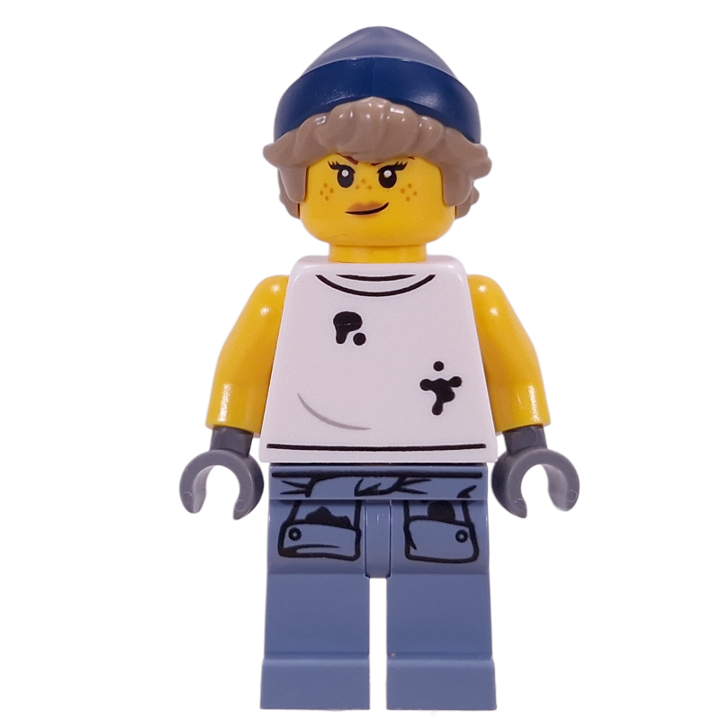 LEGO Mechanic, Dirty White Vest, Sand Blue Legs, Dark Blue Hat (fig-016345)
