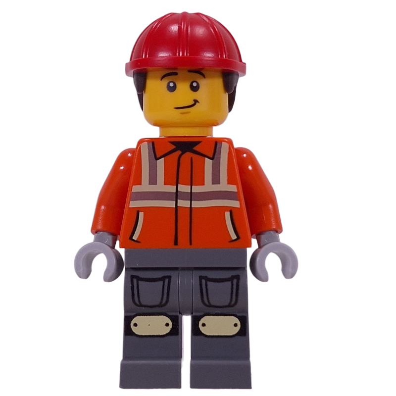 LEGO Construction Worker, Reddish Orange Safety Jacket, Dark Bluish Gray Legs, Red Helmet (fig-016346)