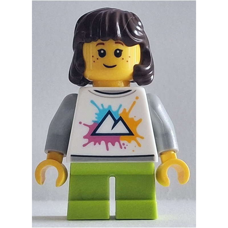 LEGO Girl, White Torso, Short Lime Legs, Dark Brown Hair (fig-016386)