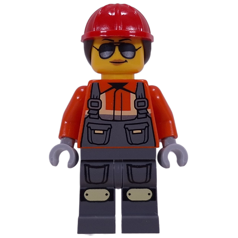 LEGO Construction Worker, Reddish Orange Safety Jacket, Overalls, Red Helmet, Reddish Brown Hair (fig-016389)