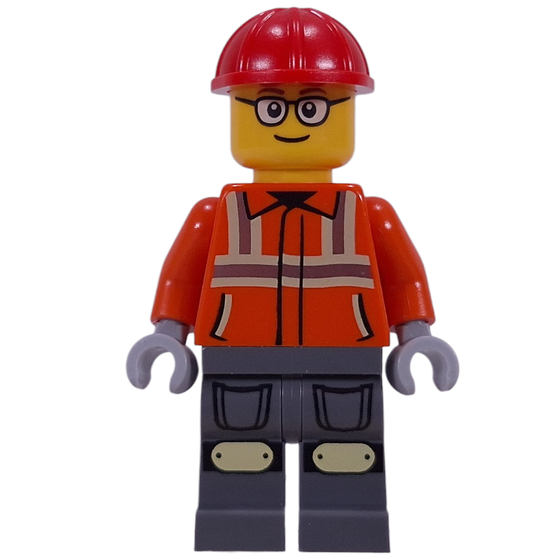 LEGO Construction Worker, Reddish Orange Safety Jacket, Red Helmet (fig-016390)
