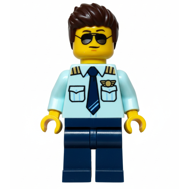 LEGO Pilot, Light Aqua Shirt, Dark Blue Legs, Dark Bronw Hair (fig-016411)
