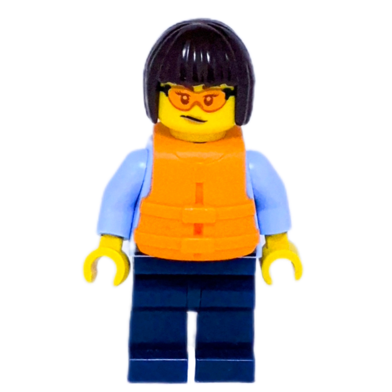 LEGO Police Officer, Bright Light Blue Shirt, Dark Blue Legs, Orange Life Jacket (fig-016426)