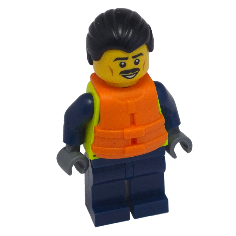 LEGO Police Officer, Vibrant Yellow Safety Vest, Dark Blue Legs, Orange Life Jacket (fig-016427)