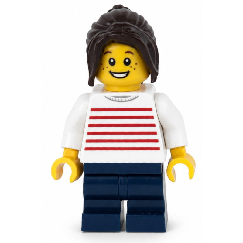 LEGO Kid, White Torso, Dark Blue Medium Legs, Dark Brown Hair (fig-016523)