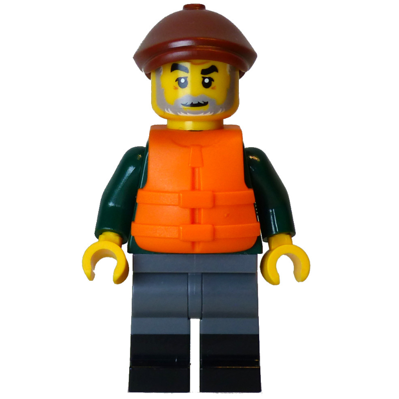 LEGO Fisher Man, Dark Green Torso, Dark Bluish Grey Legs, Reddish Brown Cap, Life Vest (fig-016708)