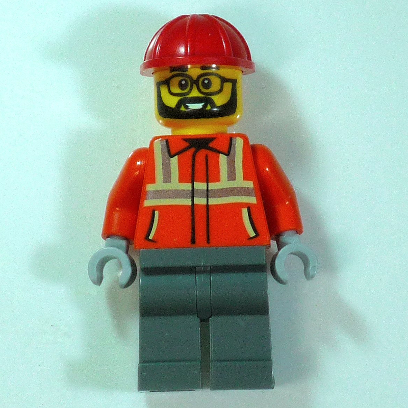LEGO Construction Worker, Orange Safety Jacket, Dark Bluish Grey Legs, Red Hard Hat (fig-016943)