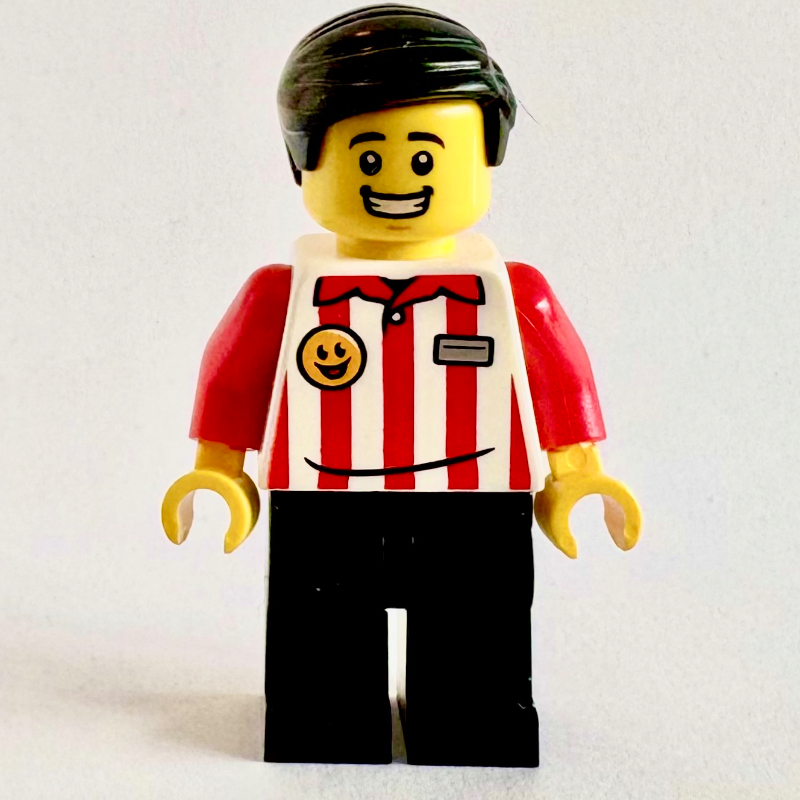 LEGO Popcorn Seller, White/Red Torso, Black Legs, Black Hair (fig-016962)