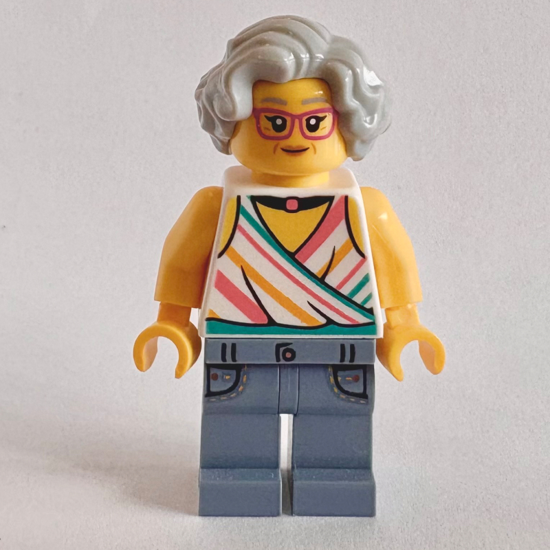 LEGO Woman, White Torso, Sand Blue Legs, Light Bluish Grey Hair (fig-016963)