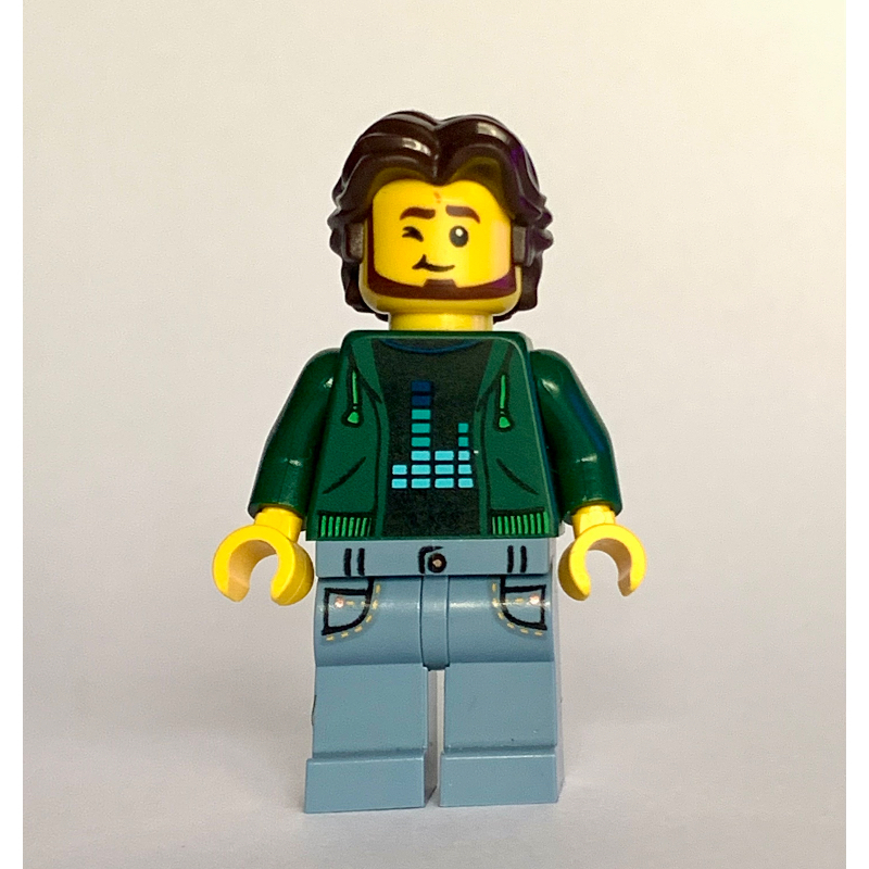 LEGO Man, Dark Green Torso, Sand Blue Legs, Dark Brown Hair (fig-016975)