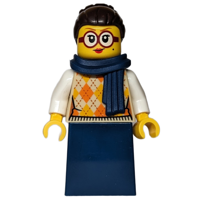 LEGO Woman, Tan Torso, Dark Blue Dress, Dark Brown Hair, Dark Blue Scarf (fig-016980)
