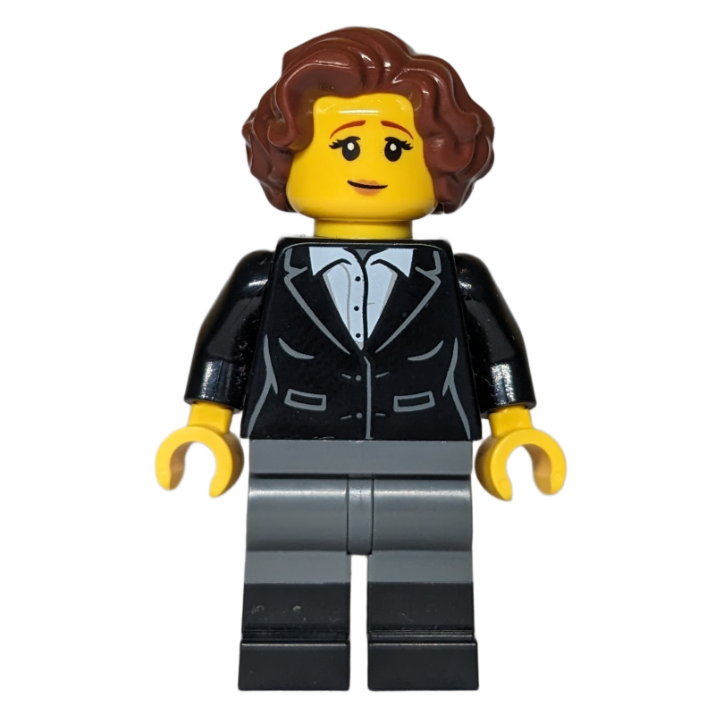 LEGO Woman, Black Torso, Dark Bluish Grey Legs, Reddish Brown Hair (fig-016982)