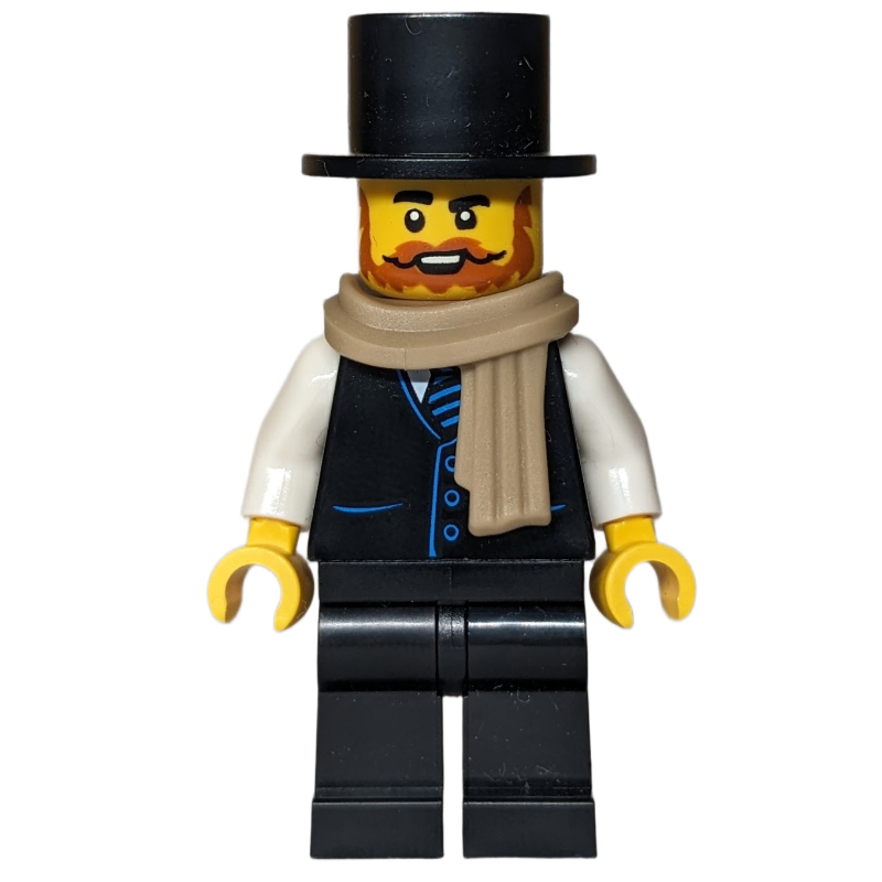 LEGO Man, Black Suit, Top Hat, Dark Tan Scarf (fig-016986)