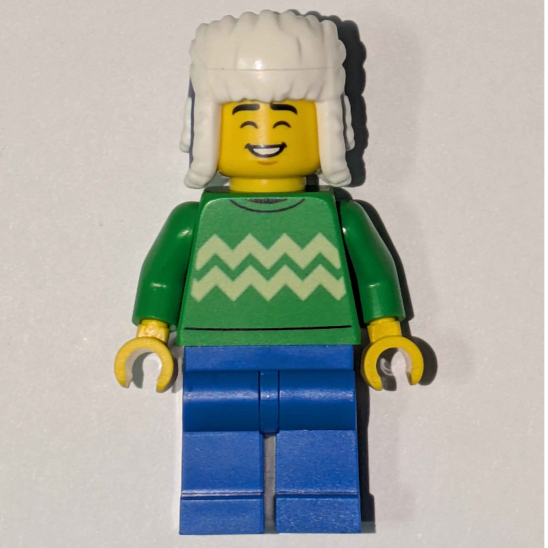 LEGO Man, Bright Green Torso, Blue Legs, Dark Blue Ushanka (fig-017011)