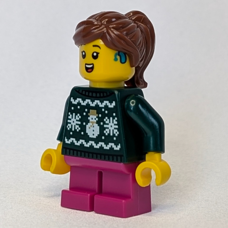 LEGO Kid, Dark Green Torso, Dark Pink Legs, Reddish Brown Hair (fig-017031)