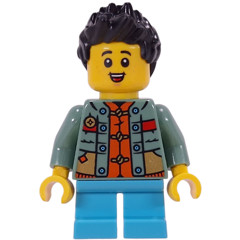 LEGO Kid, Sand Green Torso, Medium Azure Legs, Black Hair (fig-017044)